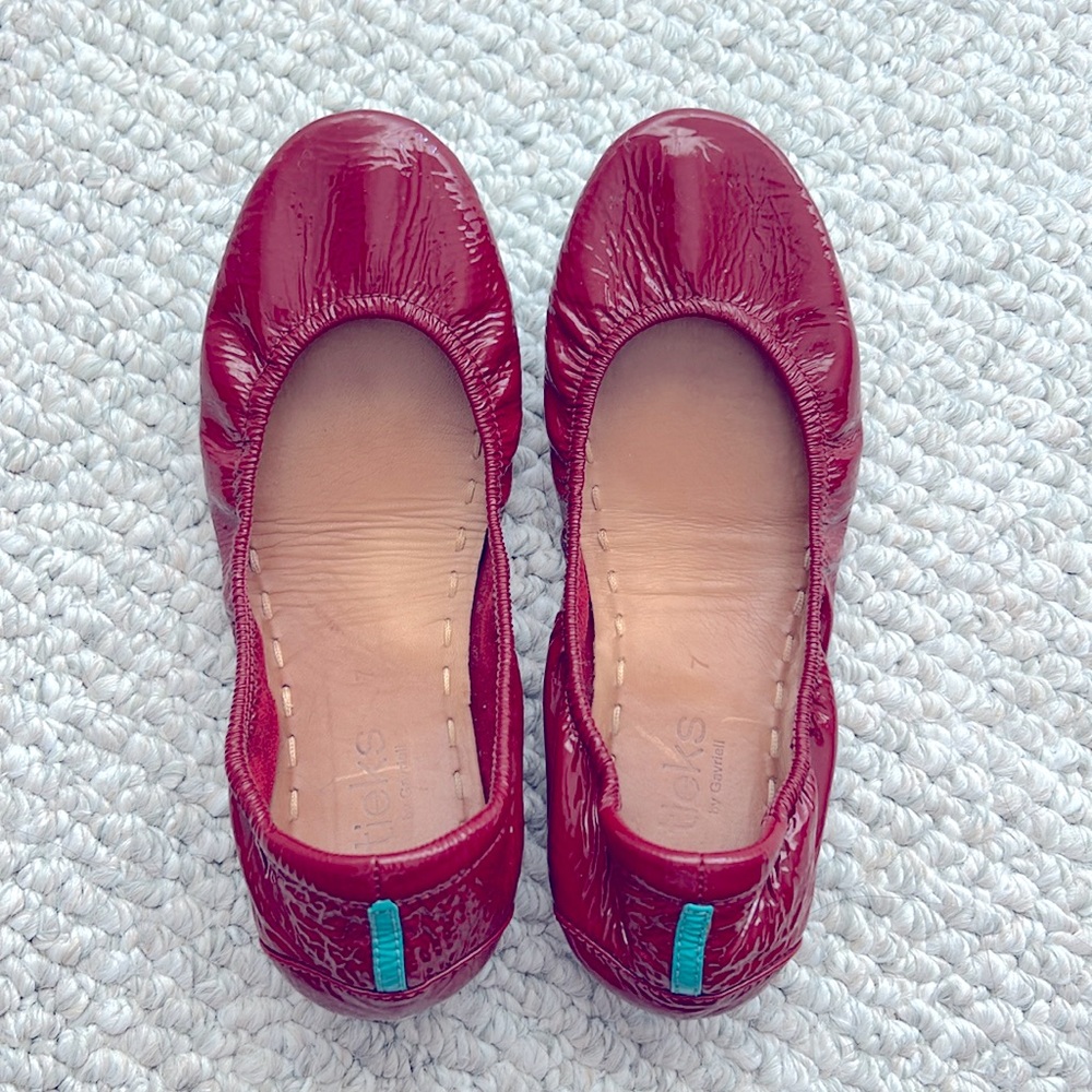 Tieks Patent Ballet Flats in Burgundy with Teal Heel Tab